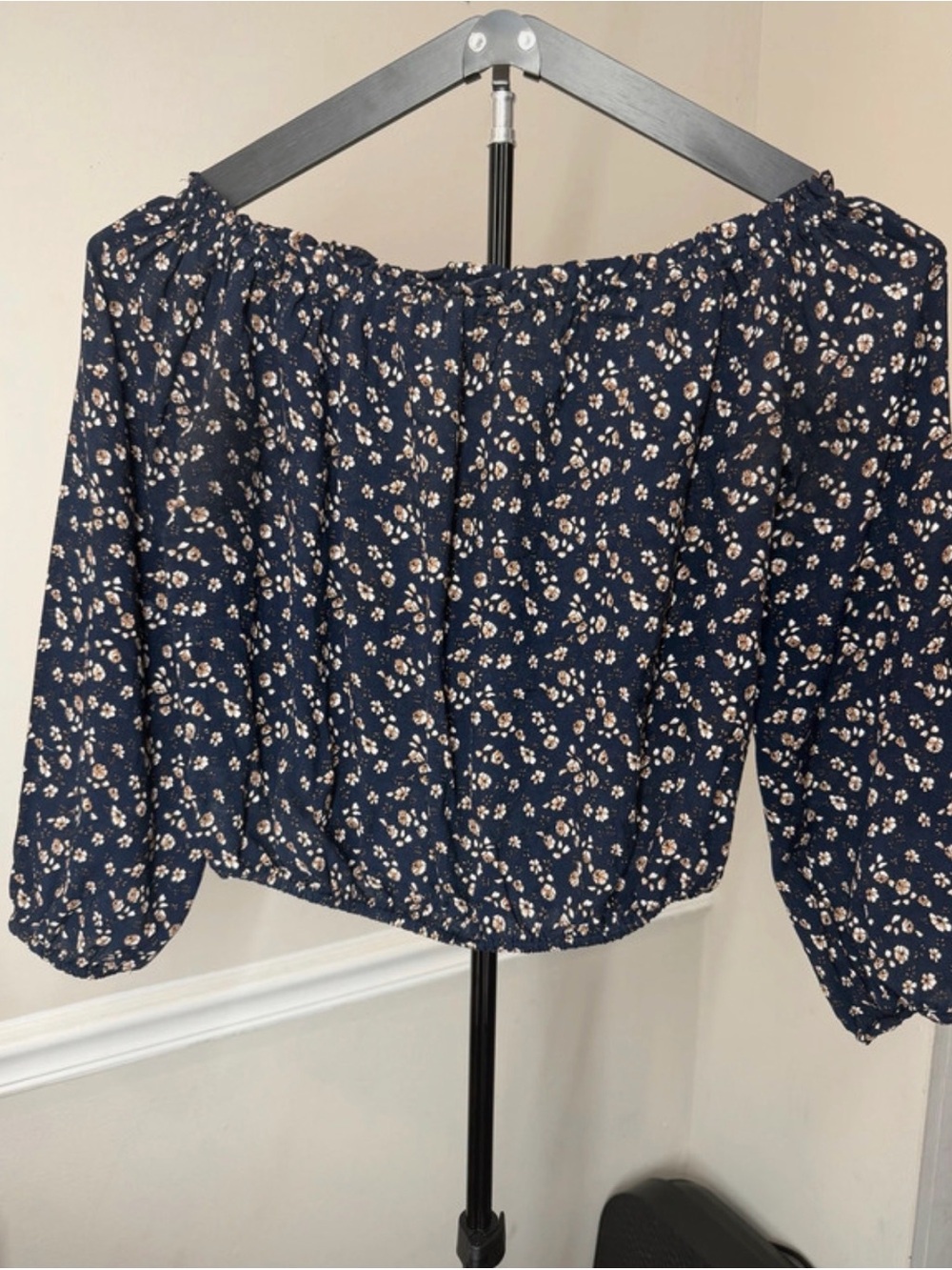 Brandy Melville Navy Floral Off-Shoulder Top